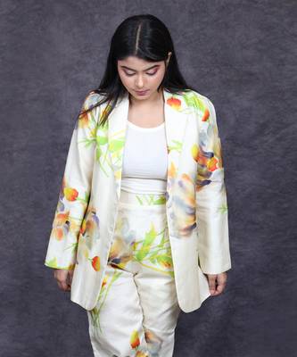 White hand painted silk pant suit set 3