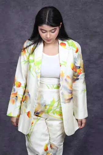White hand painted silk pant suit set