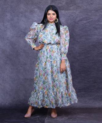 White floral printed organza silk dress 1