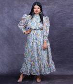 White floral printed organza silk dress