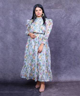 White floral printed organza silk dress 2