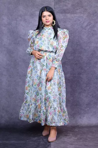 White floral printed organza silk dress