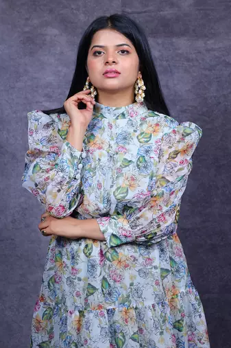White floral printed organza silk dress