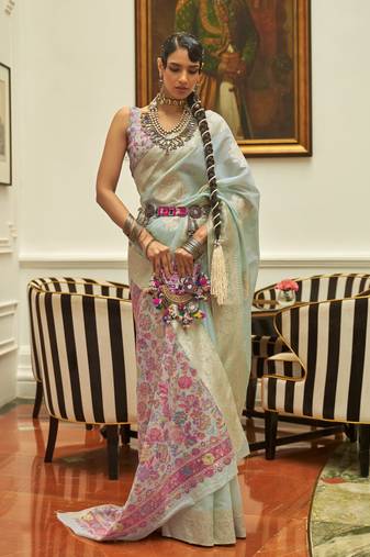 Firozi Modal Handloom Kashmiri Silk Woven Work Saree With Blouse