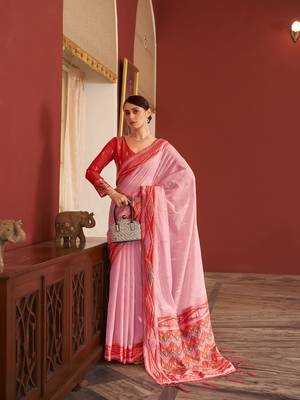 Elora handloom slub embroidered designer saree for women (baby pink) 1