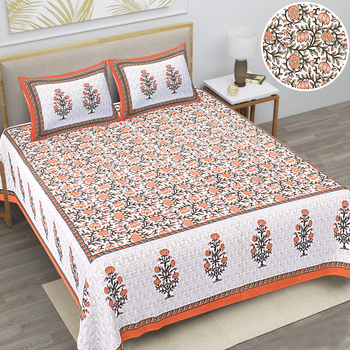 Premium 100% cotton orange white color printed double bedsheet(90x100 inch) 1