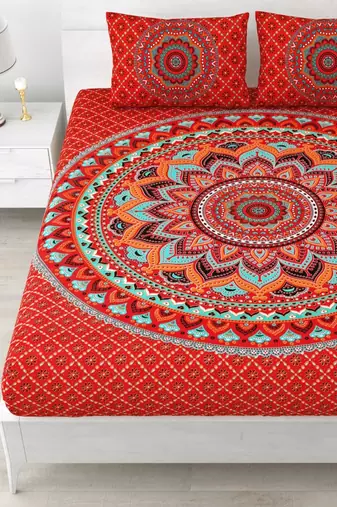 Premium 100% cotton king size red color mandala printed double bedsheet (90x108 inch)