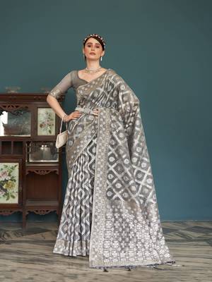 Elora cotton silk ikkat zari designer saree for women (grey) 1