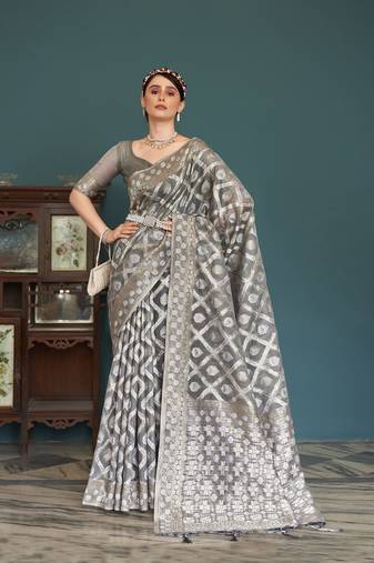 Elora cotton silk ikkat zari designer saree for women (grey)