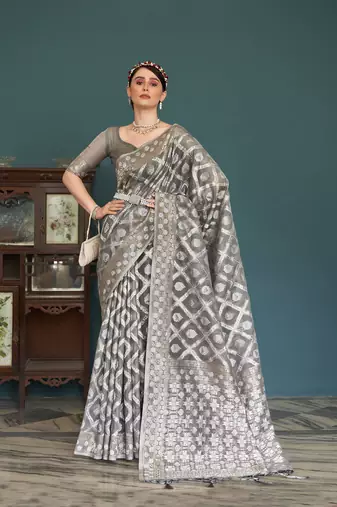 Elora cotton silk ikkat zari designer saree for women (grey)