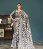 Elora cotton silk ikkat zari designer saree for women (grey)