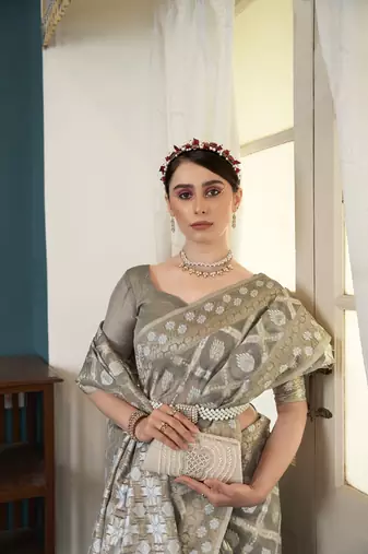 Elora cotton silk ikkat zari designer saree for women (grey)