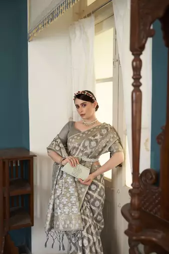 Elora cotton silk ikkat zari designer saree for women (grey)
