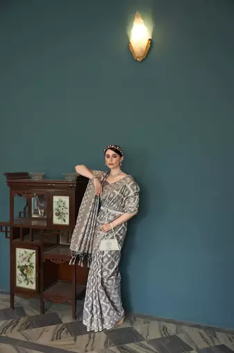 Elora cotton silk ikkat zari designer saree for women (grey)