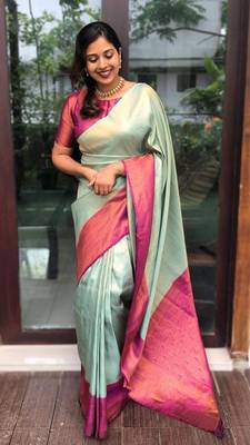  Pista Color Silk Blend Blend Sarees With Blouse 1