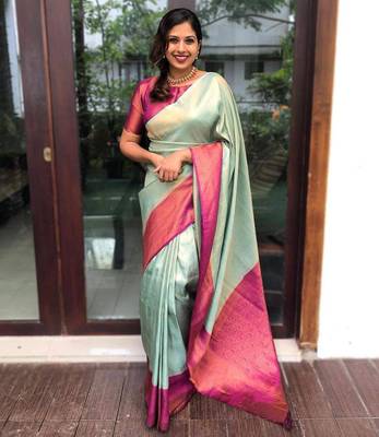  Pista Color Silk Blend Blend Sarees With Blouse 2