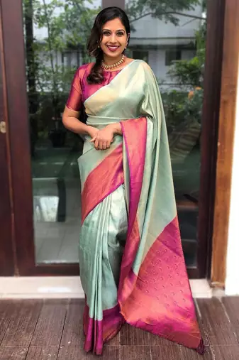  Pista Color Silk Blend Blend Sarees With Blouse