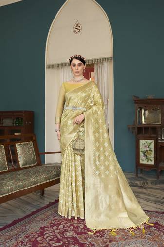 Elora cotton silk ikkat zari designer saree for women (yellow)