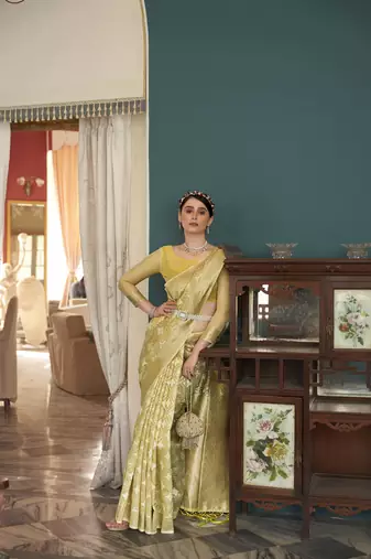 Elora cotton silk ikkat zari designer saree for women (yellow)