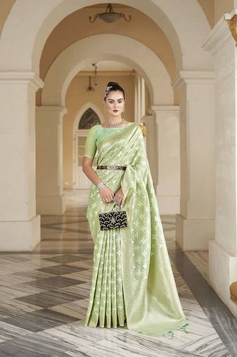 Elora cotton silk ikkat zari designer saree for women (light green)