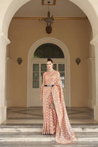 Elora cotton silk ikkat zari designer saree for women (peach)
