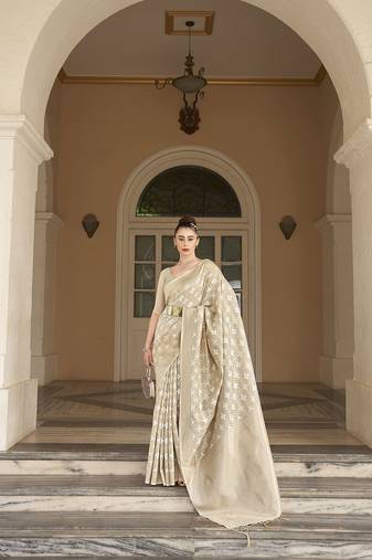 Elora cotton silk ikkat zari designer saree for women (ivory)