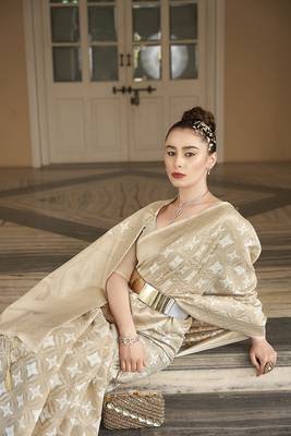 Elora cotton silk ikkat zari designer saree for women (ivory) 3