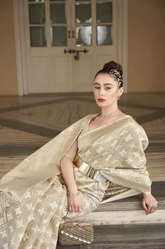 Elora cotton silk ikkat zari designer saree for women (ivory)