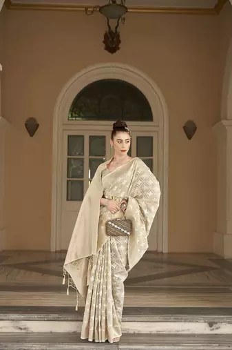 Elora cotton silk ikkat zari designer saree for women (ivory)