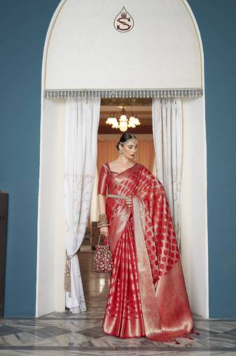 Elora cotton silk ikkat zari designer saree for women (red)