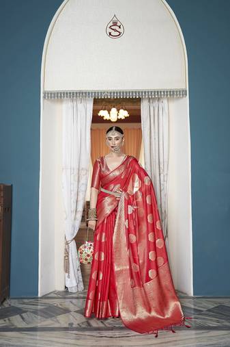 Elora cotton silk ikkat zari designer saree for women (red)
