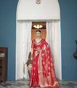 Elora cotton silk ikkat zari designer saree for women (red)