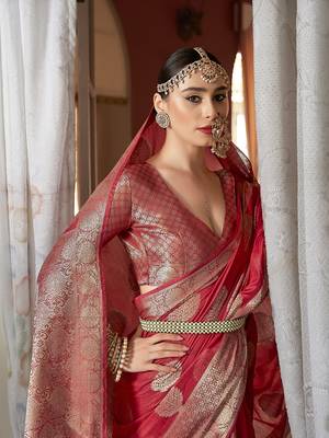 Elora cotton silk ikkat zari designer saree for women (red) 5
