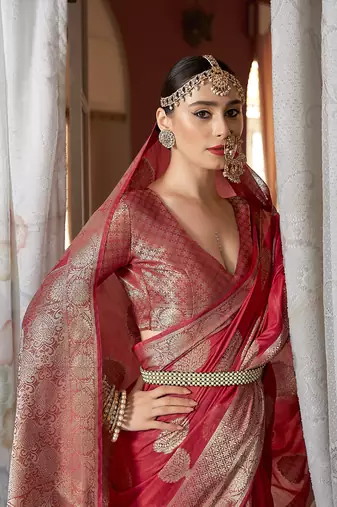 Elora cotton silk ikkat zari designer saree for women (red)