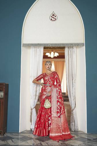 Elora cotton silk ikkat zari designer saree for women (red)