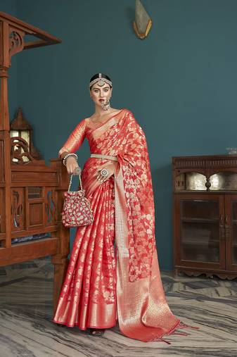 Elora cotton silk ikkat zari designer saree for women (red)