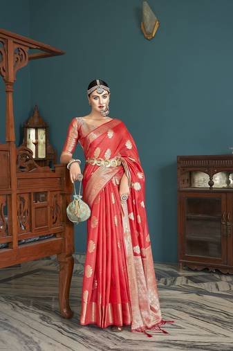 Elora cotton silk ikkat zari designer saree for women (red)