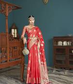 Elora cotton silk ikkat zari designer saree for women (red)