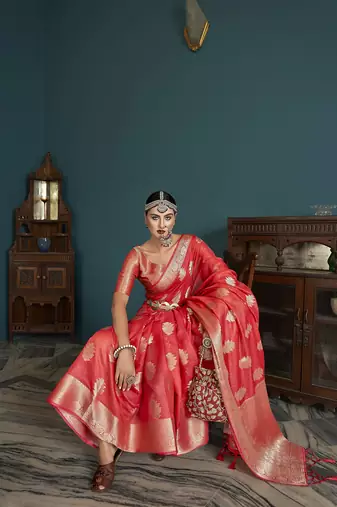 Elora cotton silk ikkat zari designer saree for women (red)