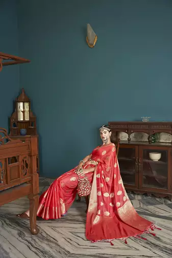 Elora cotton silk ikkat zari designer saree for women (red)