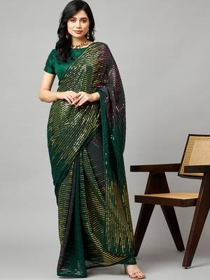 Green georgette sequence embroidered saree with unstiched blouse piece 1