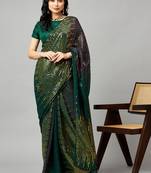 Green georgette sequence embroidered saree with unstiched blouse piece