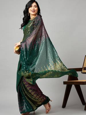 Green georgette sequence embroidered saree with unstiched blouse piece 2