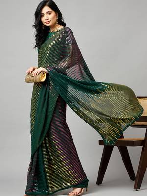 Green georgette sequence embroidered saree with unstiched blouse piece 3