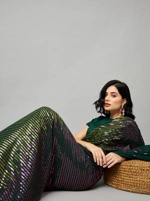 Green georgette sequence embroidered saree with unstiched blouse piece 4