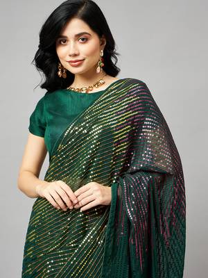 Green georgette sequence embroidered saree with unstiched blouse piece 5