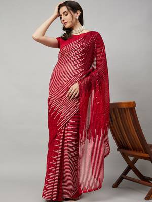 Red georgette sequence embroidered saree with unstiched blouse piece 1