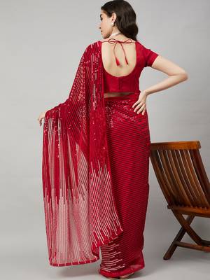 Red georgette sequence embroidered saree with unstiched blouse piece 2