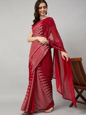 Red georgette sequence embroidered saree with unstiched blouse piece 3