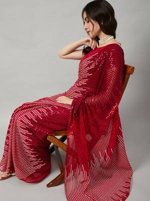 Red georgette sequence embroidered saree with unstiched blouse piece 4